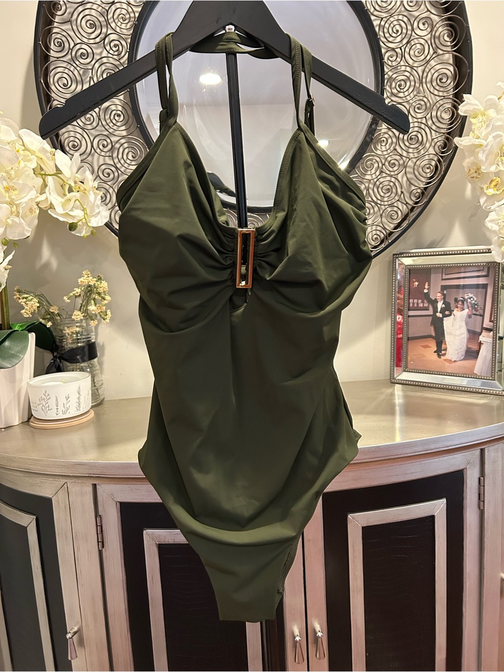 Amoressa Olive Green Strappy One-Piece Swimsuit with Gold Accent